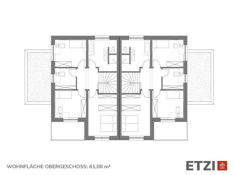 Grundriss des Obergeschosses einer Doppelhaushälfte mit Schlafzimmern und Bädern.