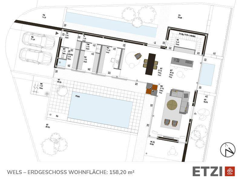 Grundriss des Erdgeschosses mit offenem Wohnbereich, Pool und Doppelcarport.