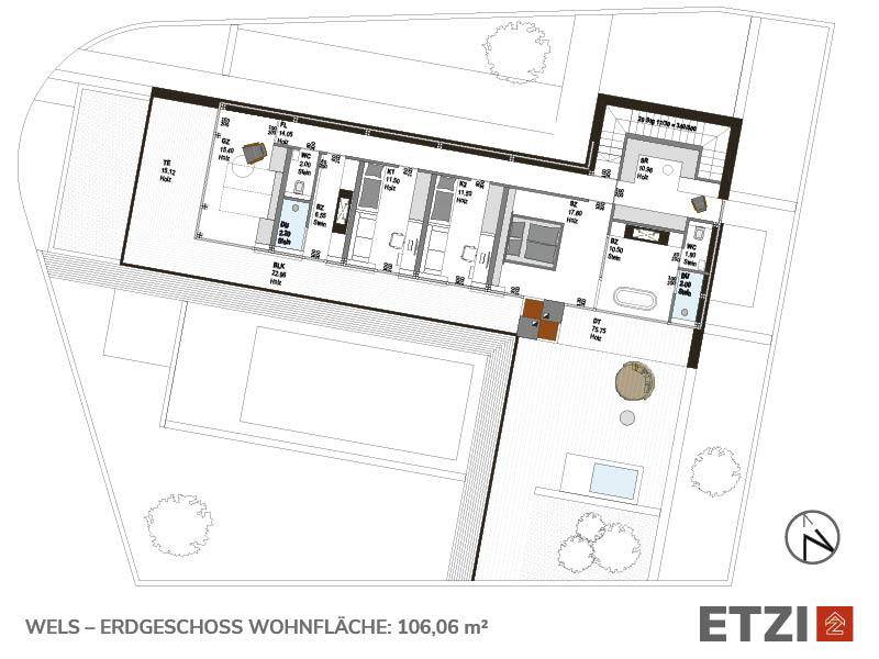 Grundriss des Obergeschosses mit Schlafzimmern, Bädern und Zugang zu Balkon und Terrasse.