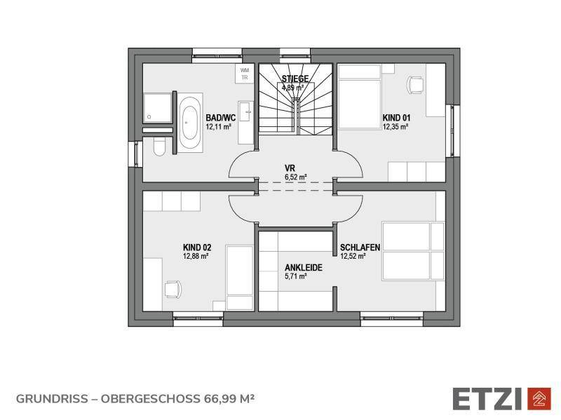 Grundriss des Obergeschosses mit drei Schlafzimmern, Ankleide und großem Badezimmer.
