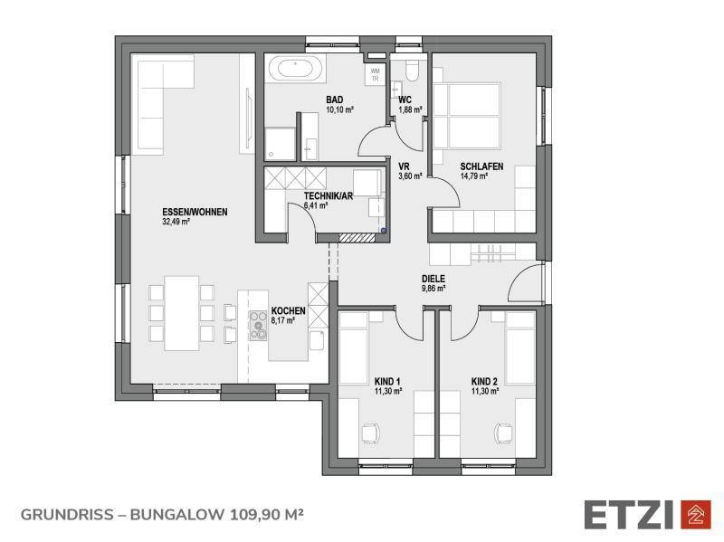 Grundriss eines Bungalows mit offenem Wohnbereich, drei Schlafzimmern und zwei Bädern.