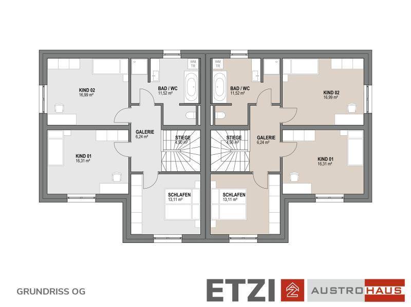 Grundriss des Obergeschosses eines Doppelhauses mit drei Schlafzimmern und zwei Badezimmern.