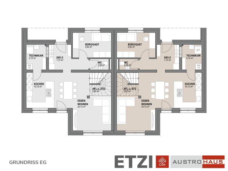 Grundriss des Erdgeschosses eines Doppelhauses mit offener Wohnküche und Gäste-WC.