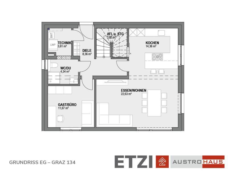 Grundriss des Erdgeschosses mit offenem Wohn-Essbereich, Küche und einem Gäste-/Bürozimmer.