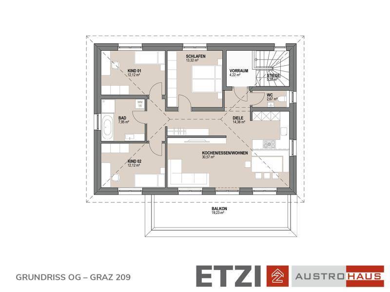 Grundriss des Obergeschosses mit drei Schlafzimmern, einem Bad und einem großen Balkon.