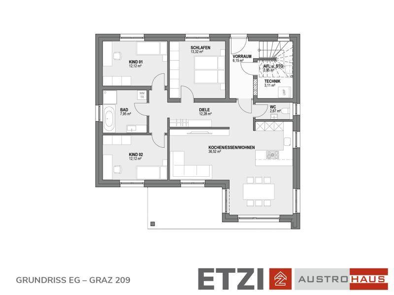Grundriss des Erdgeschosses mit offenem Koch-Ess-Wohnbereich und direktem Zugang zur Terrasse.