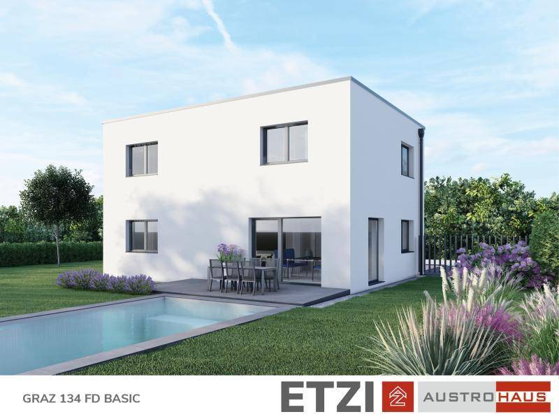 Visualisierung eines modernen Einfamilienhauses mit Terrasse, kleinem Pool und Gartenbereich.