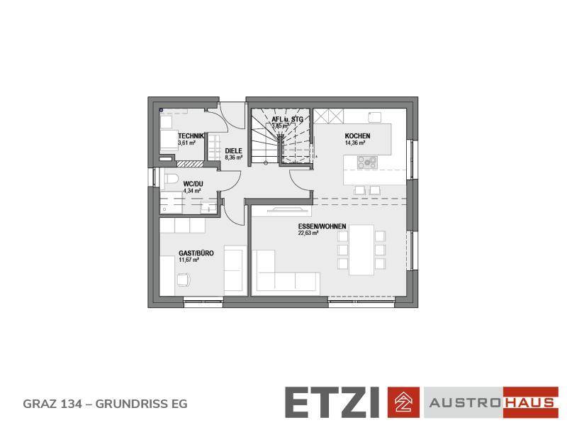 Grundriss des Erdgeschosses mit offener Küche, Ess- und Wohnbereich sowie Gästezimmer.