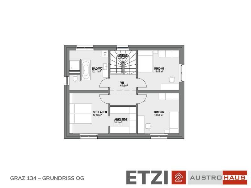 Grundriss des Obergeschosses mit drei Schlafzimmern, einem Badezimmer und Ankleidebereich.