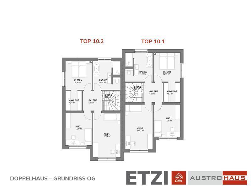 Grundriss des Obergeschosses eines Doppelhauses mit Schlafzimmern, Bädern und Ankleidezimmern.