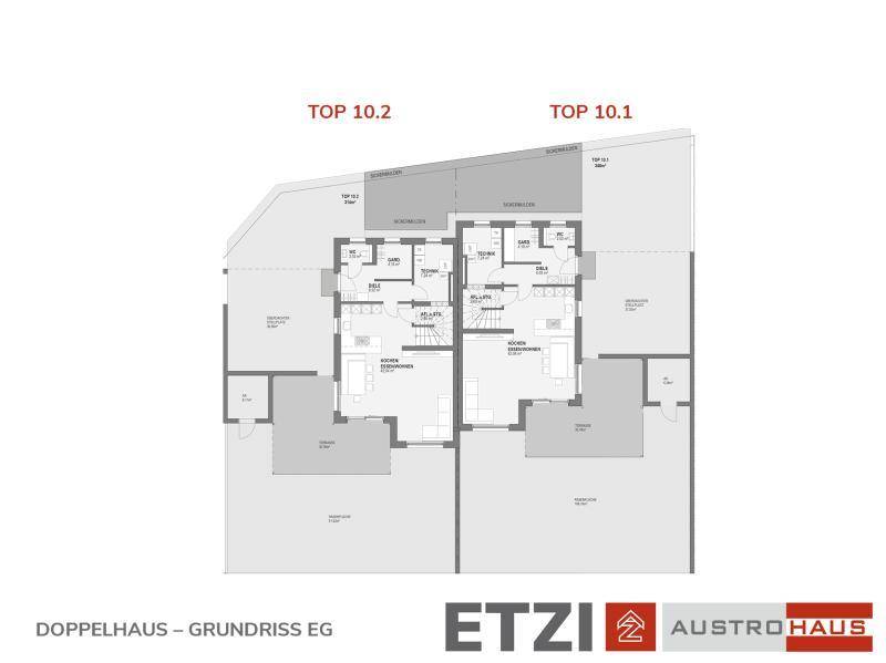 Grundriss des Erdgeschosses eines Doppelhauses mit offenem Wohn-Essbereich und Zugang zum Garten.