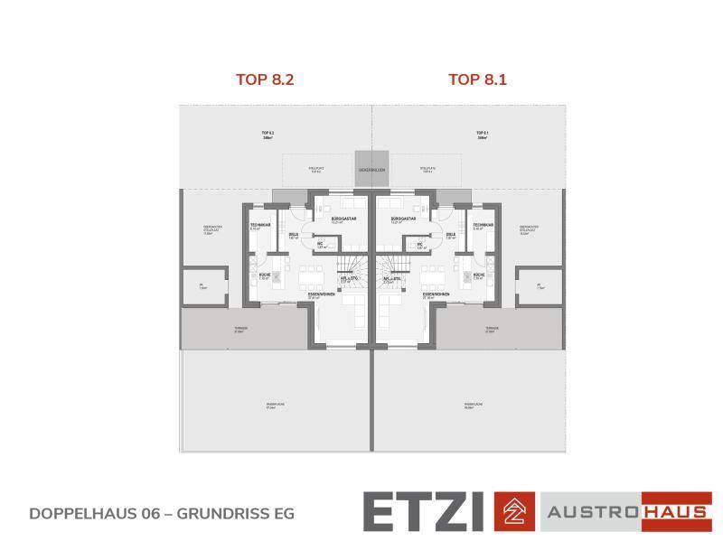 Grundriss des Erdgeschosses eines Doppelhauses mit Eingangsbereichen und Technikräumen.