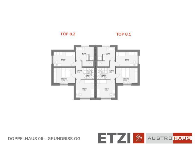 Grundriss des Obergeschosses eines Doppelhauses mit Schlafzimmern und Bädern.