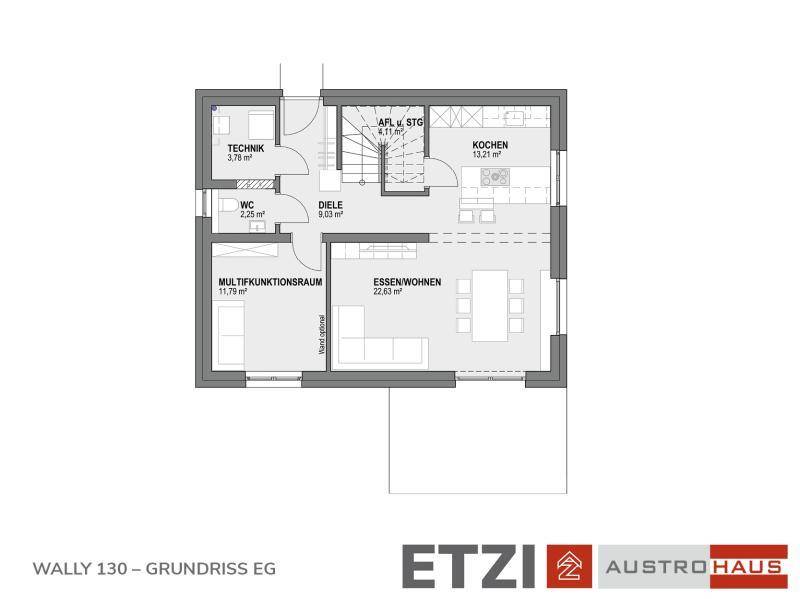Grundriss des Erdgeschosses mit offener Küche, Ess- und Wohnbereich sowie Multifunktionsraum.