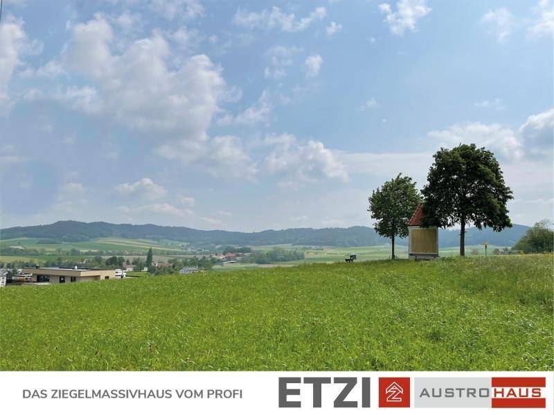 Weitläufige grüne Landschaft mit einem kleinen Schrein und Bäumen unter blauem Himmel.