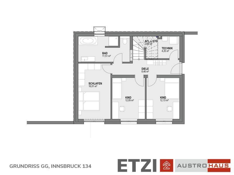 Grundriss des Erdgeschosses mit Schlafzimmern, Bad und Technikraum.