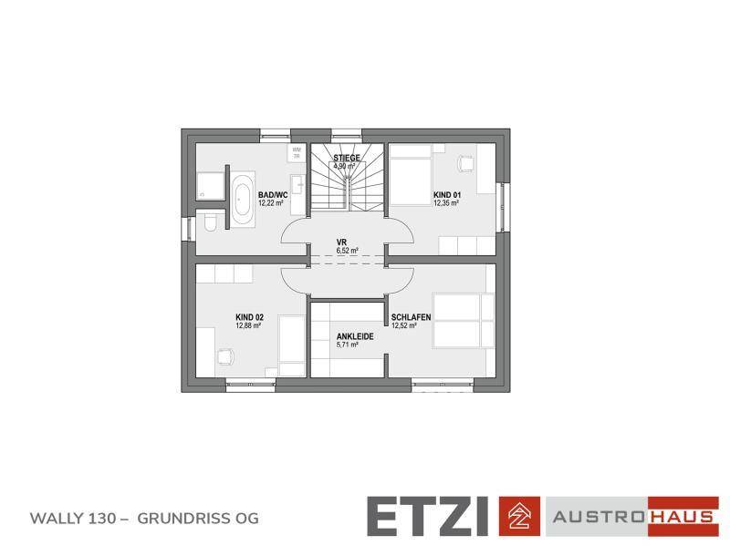 Grundriss des Obergeschosses mit drei Schlafzimmern, Bad und Ankleidezimmer.