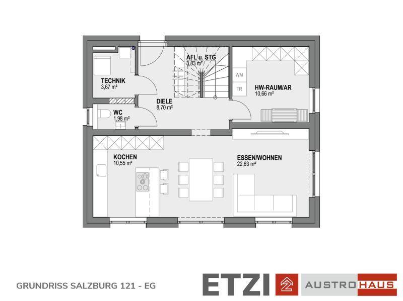 Grundriss des Erdgeschosses mit offener Küche, Wohn-Essbereich und separatem WC.