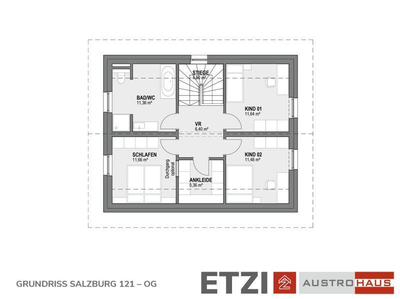 Grundriss des Obergeschosses mit drei Schlafzimmern, einem Bad und begehbarem Kleiderschrank.