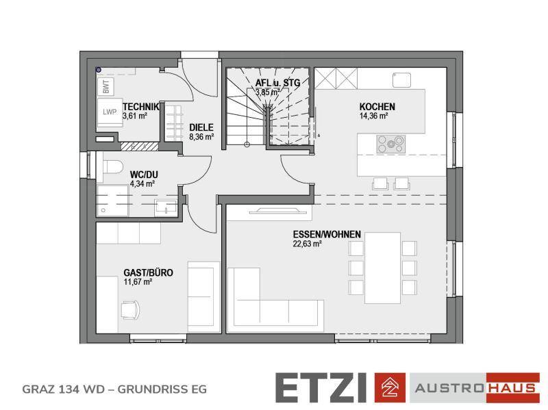 Grundriss des Erdgeschosses mit offener Küche, Wohn-Essbereich und Gästezimmer/Büro.