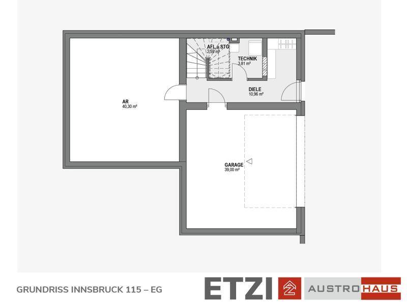 Grundriss des Erdgeschosses mit großer Garage, Technikraum und Abstellraum.