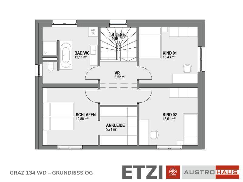 Grundriss des Obergeschosses mit drei Schlafzimmern, Bad und Ankleidebereich.