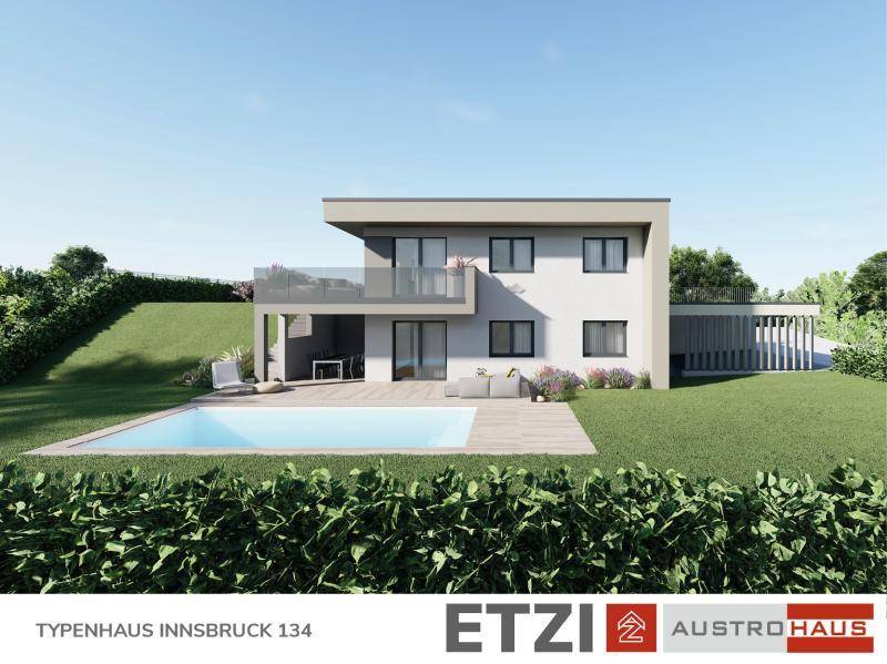 Moderne Hausvisualisierung mit Flachdach, Pool und Terrasse in hügeliger Landschaft.