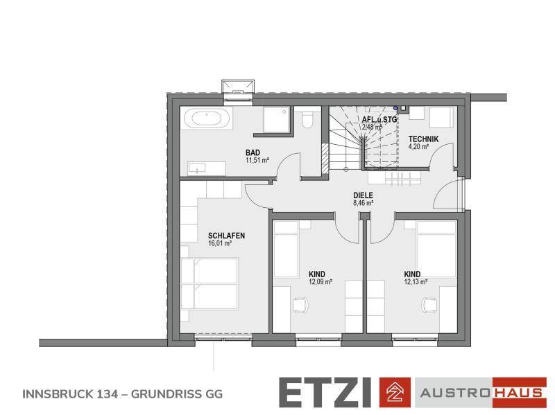 Grundriss des Obergeschosses mit drei Schlafzimmern, Bad und Technikraum.