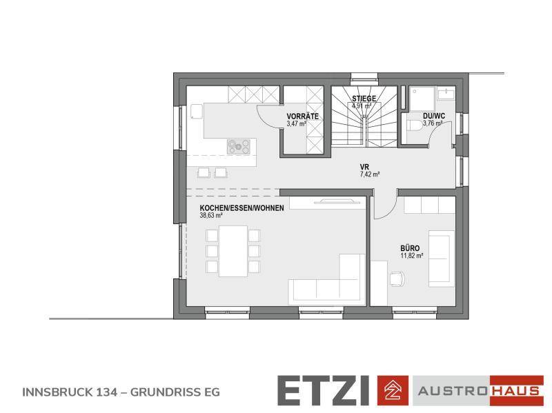 Grundriss des Erdgeschosses mit offenem Wohn-Ess-Kochbereich und separatem Büro.