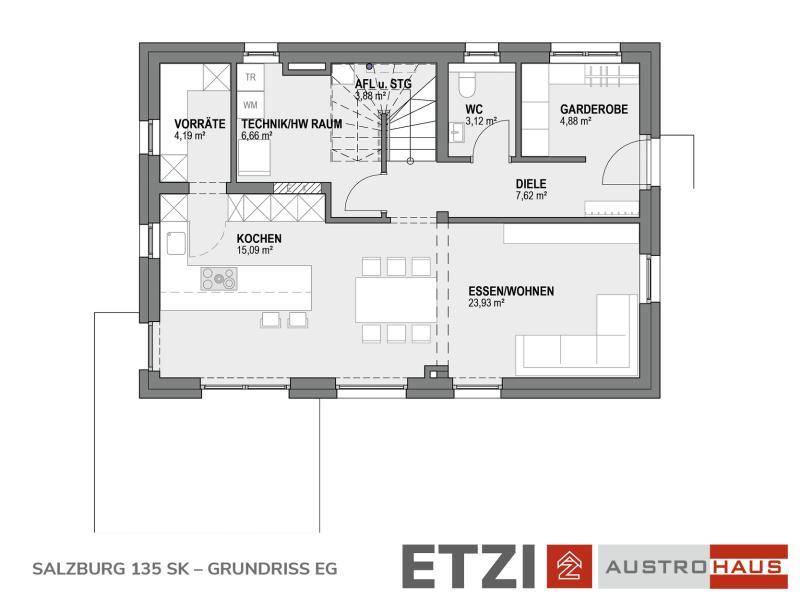 Grundriss des Erdgeschosses mit offener Küche, Ess- und Wohnbereich sowie separatem WC.