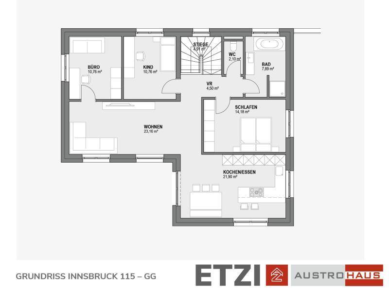 Grundriss des Obergeschosses mit Wohnbereich, offener Küche, Schlafzimmern und Bad.
