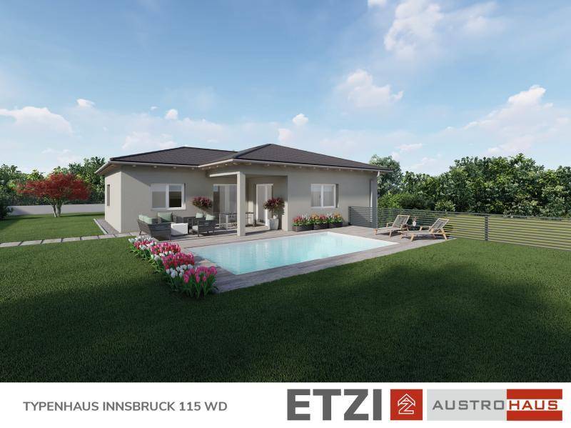 Visualisierung eines Bungalows mit Pool, Terrasse und weitläufigem Gartenbereich.