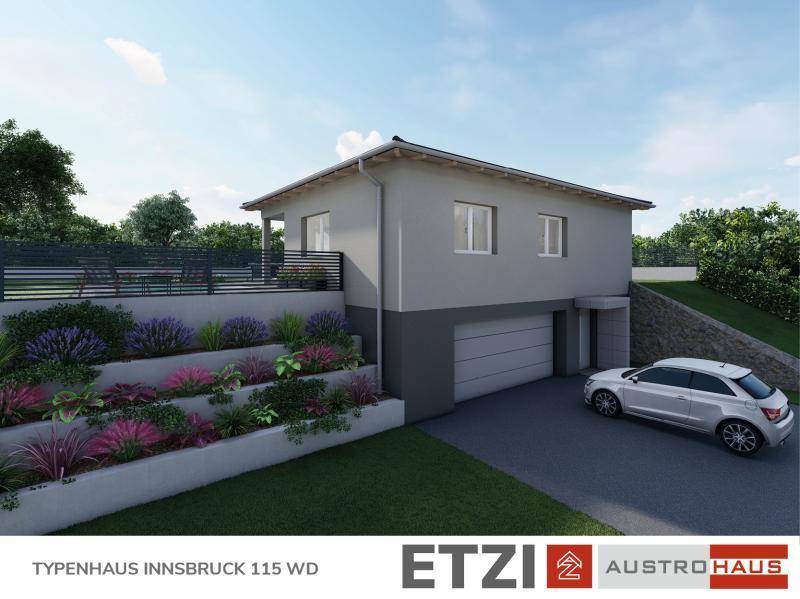 Moderne Hausansicht mit integrierter Garage und bepflanzten Terrassenbeeten.