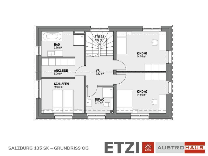 Grundriss des Obergeschosses mit drei Schlafzimmern, zwei Bädern und Ankleidebereich.