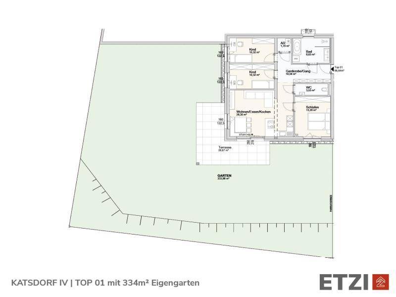 Grundriss der Wohneinheit Top 01 mit offenem Wohnbereich, drei Schlafzimmern, Terrasse und großem Garten.