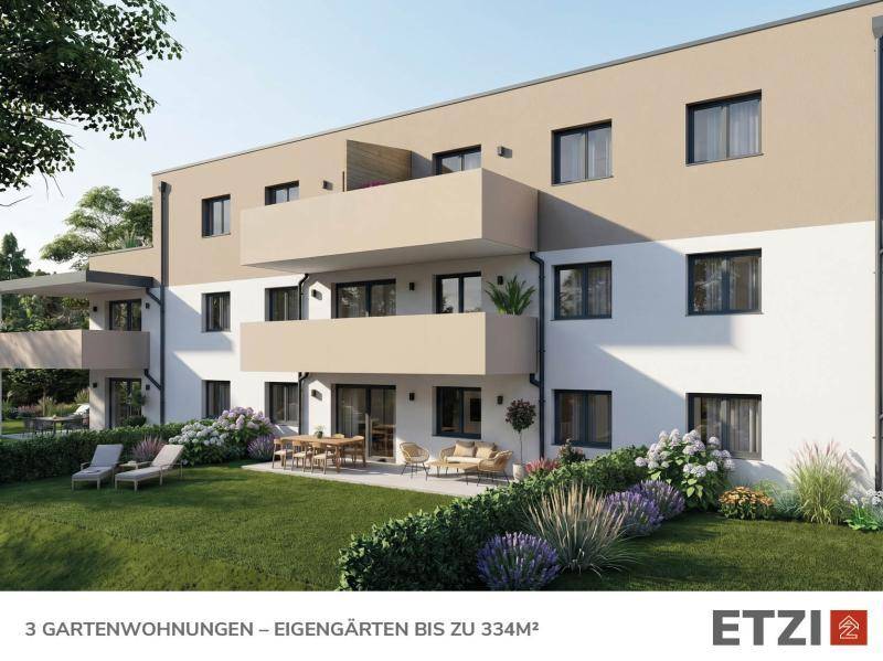 Moderne Fassade mit Terrassen und Gärten im Erdgeschoss sowie Balkonen in den oberen Etagen.