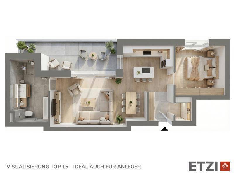 Visualisierter Grundriss einer Wohnung mit offenem Wohnbereich, Schlafzimmer und Balkon.