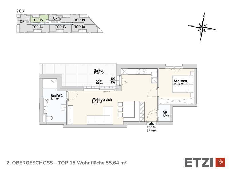Technischer Grundriss einer Wohnung im zweiten Obergeschoss mit Balkon und Bad/WC.