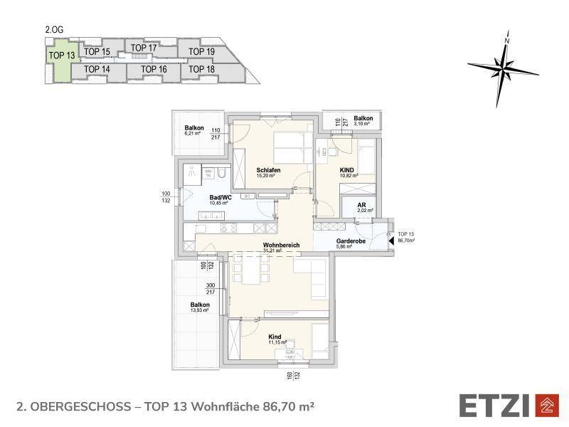 Grundriss des 2. Obergeschosses, Top 13, mit 86,70 m² Wohnfläche und Balkonen.