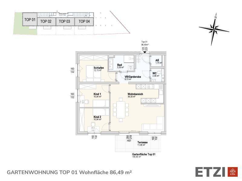 Detaillierter Grundriss einer Gartenwohnung mit drei Schlafzimmern und großer Terrasse.