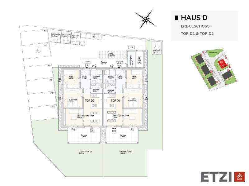 Grundriss des Erdgeschosses von Haus D mit Terrassen und Gärten für Top D1 und D2.