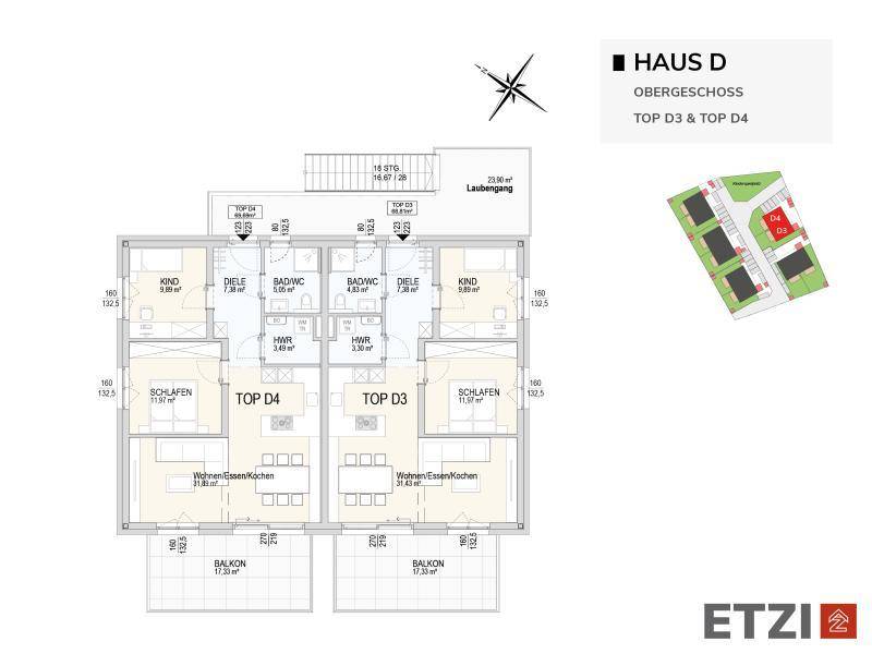 Grundriss des Obergeschosses von Haus D mit Balkonen für Top D3 und D4.