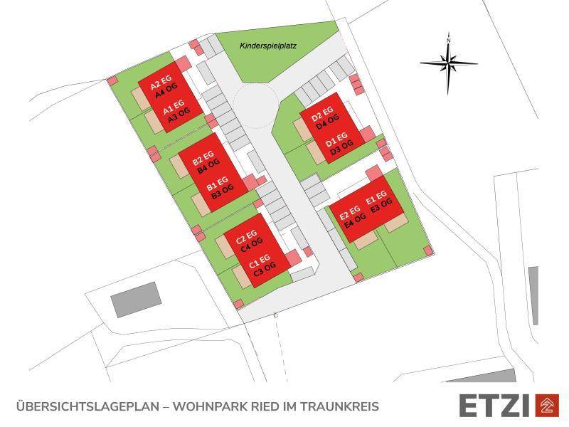 Übersichtslageplan des Wohnparks mit Gebäuden und Kinderspielplatz.