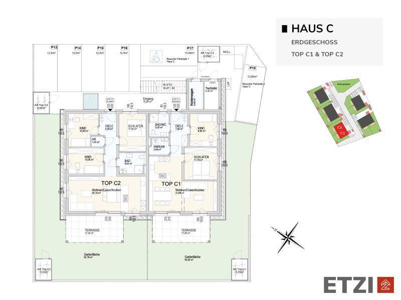 Grundriss des Erdgeschosses von Haus C mit zwei Wohneinheiten, Terrassen und Gärten.