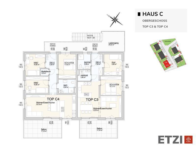 Grundriss des Obergeschosses von Haus C mit zwei Wohneinheiten, Balkonen und offenem Wohnbereich.