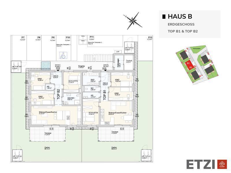 Grundriss Erdgeschoss Haus B mit zwei Wohneinheiten, Terrassen und Gärten.