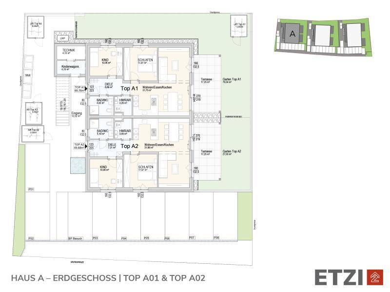 Grundriss des Erdgeschosses von Haus A mit zwei Wohneinheiten, Terrassen und Gärten.