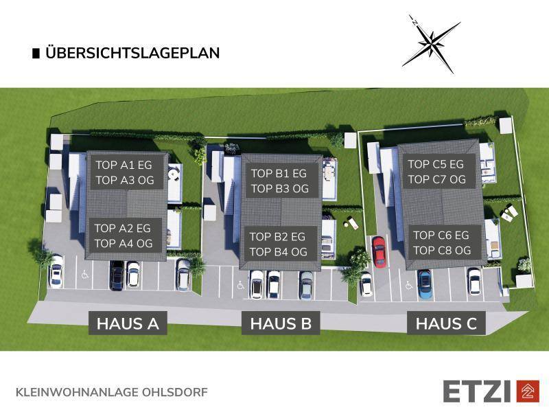 Übersichtslageplan der Wohnanlage mit den Häusern A, B und C sowie Parkplätzen.