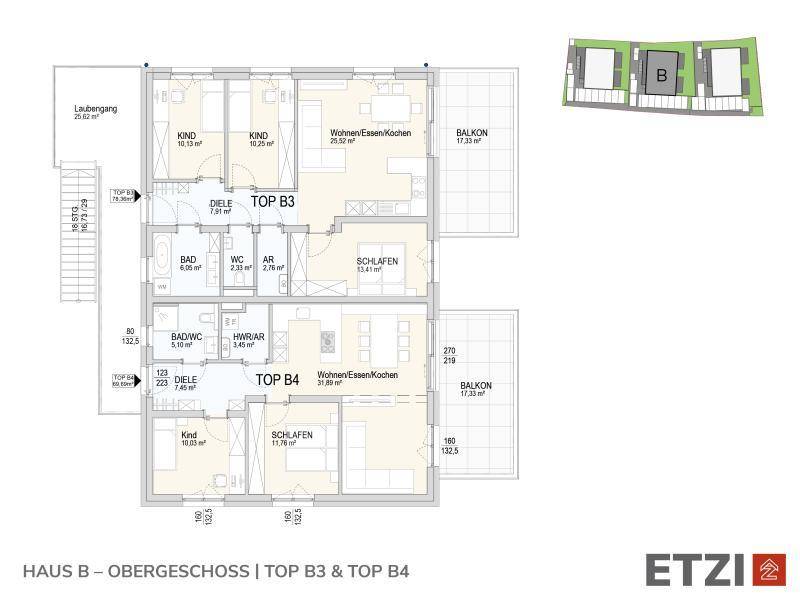 Grundriss des Obergeschosses von Haus B mit zwei Wohneinheiten, Schlafzimmern und Balkonen.