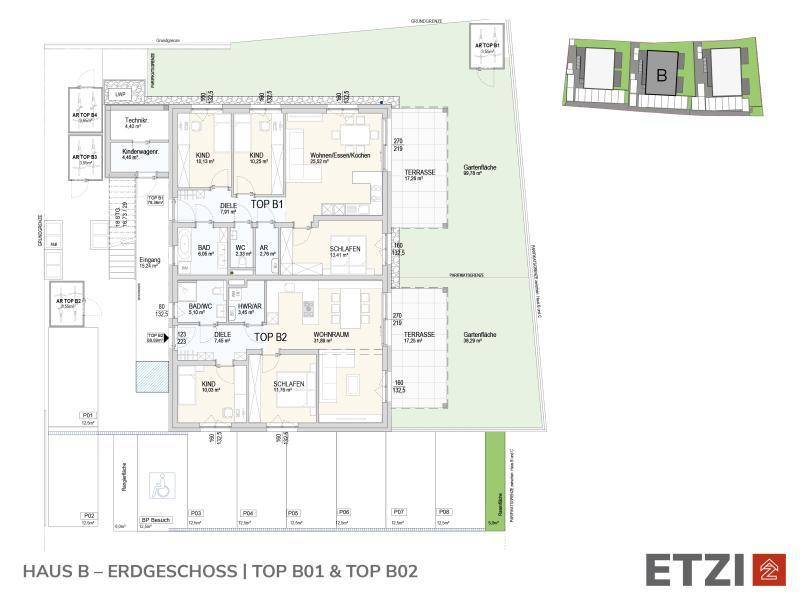 Grundriss des Erdgeschosses von Haus B mit zwei Wohneinheiten, Terrassen und Gärten.